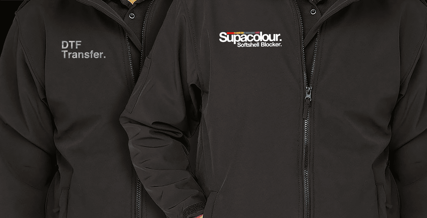 A softshell jacket with a faded DTF transfer beside one with a crisp Supacolour Softshell Blocker transfer